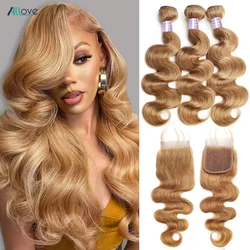 27# Honey Blonde Body Wave Bundles With Closure 4x4 Transparent Lace Closure With Bundles Brazilian Remy Human Hair Extensions