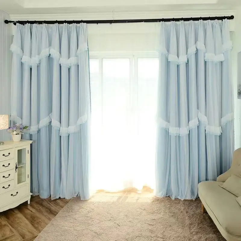 Princess Style Solid Color Lace Multi-layer Curtain Blackout Curtain for Bedroom Living Room
