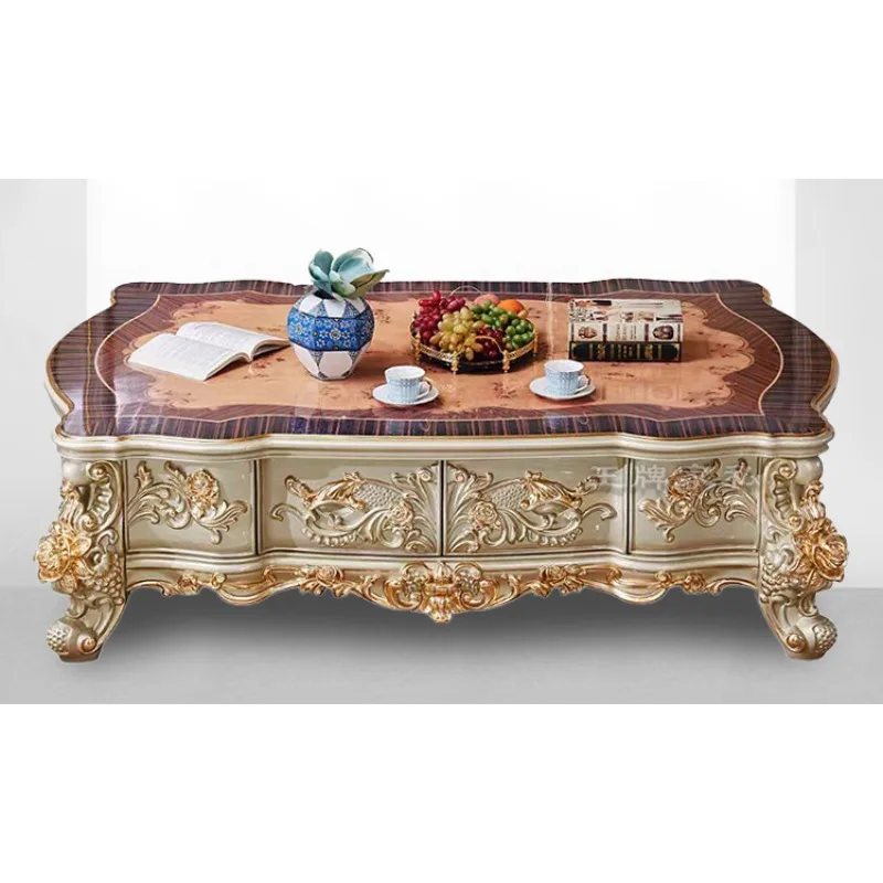 Parquet solid wood carving flower coffee table, marble, all solid wood rectangular coffee table