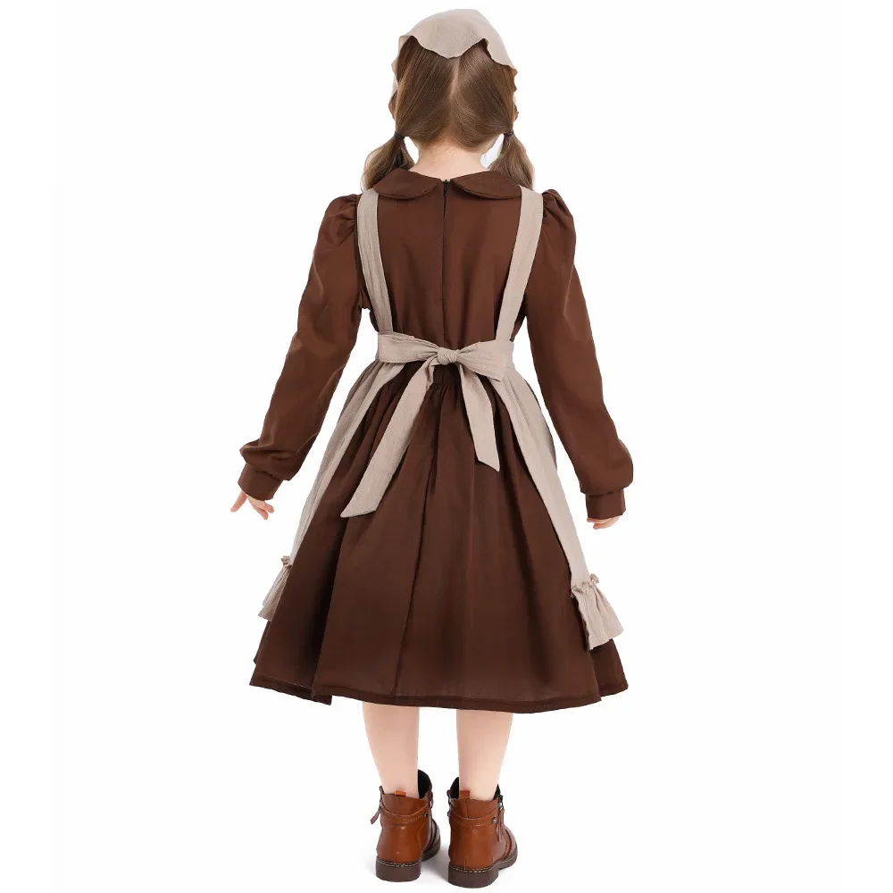 Hot Sale French estate maid Halloween brown dress apron Costume Middle Rural Farm Maid Civilian set for  girls