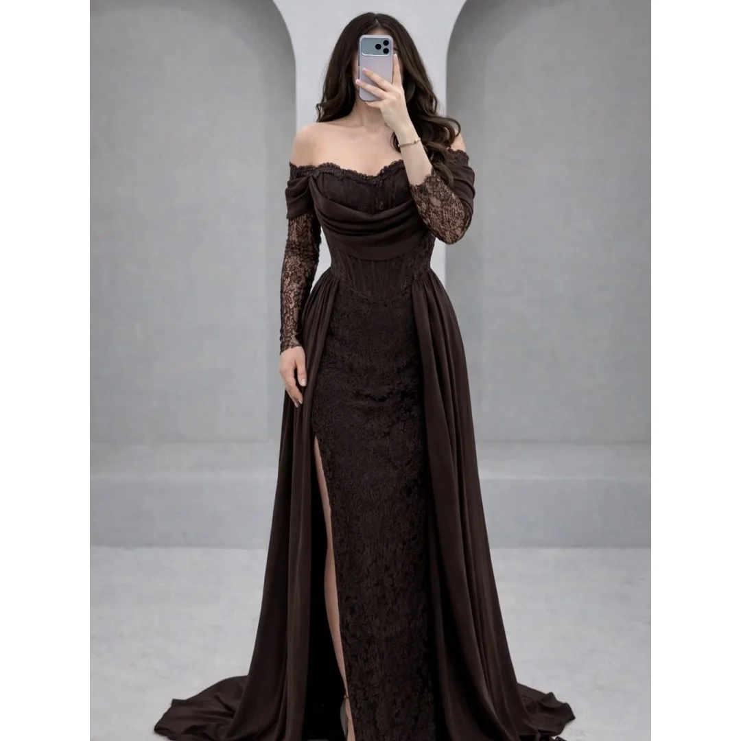 

Вечерние платья с открытыми плечами и кружевом, с разрезом по боку, с длинными рукавами, для выпускного вечера, арабские элегантные вечерние платья, нарядные платья для торжеств, на заказ