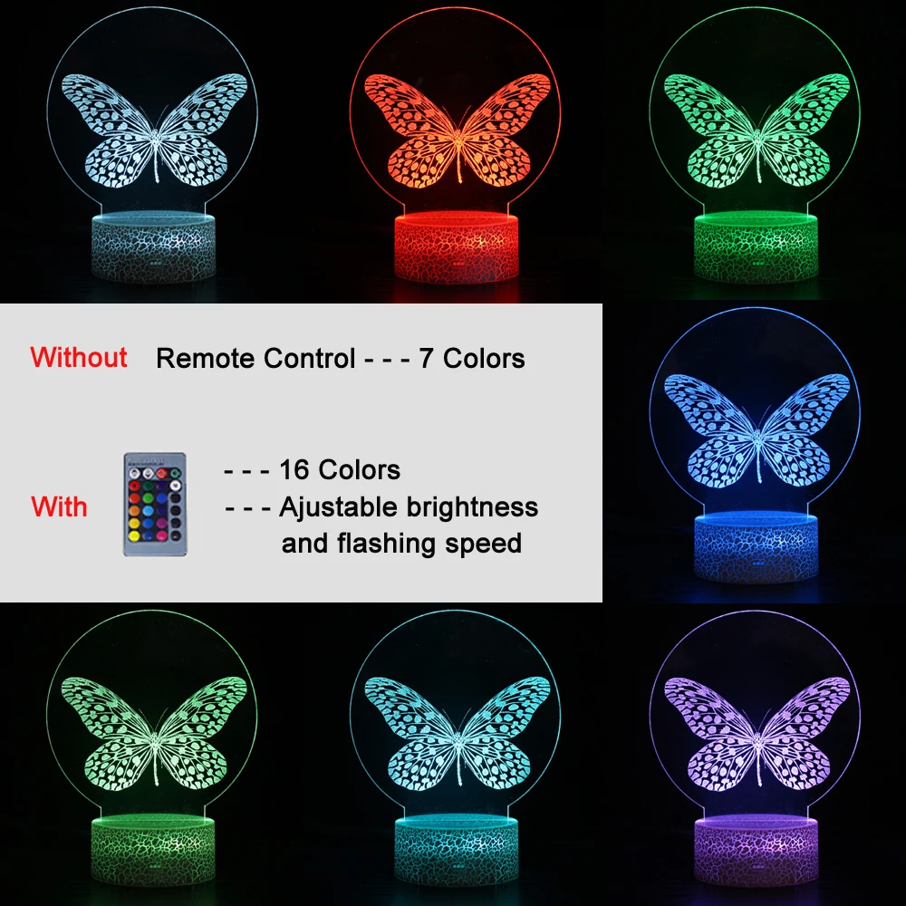 3d Lamp Laser-engraved Butterfly In Acrylic Night Light Bedroom Decoration Led Lights Changing Color Table Lamp Gifts Room Decor