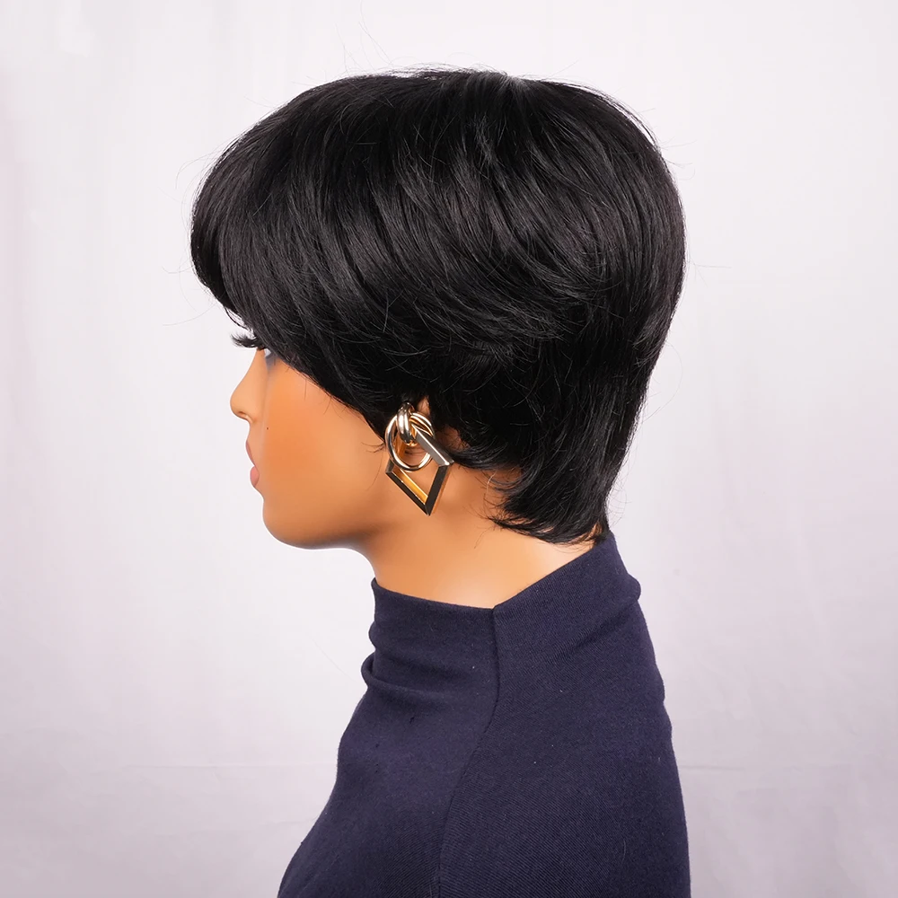 ショートピクシーカットウィッグ人毛前髪付きブラジル人毛ウィッグ女性用黒色フルマシンショートストレートウィッグ