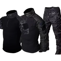 Zwarte Camo Trainingsset Heren Combat Tops met halve rits Waterdicht tactisch pak Elastisch Meerdere zakken Sneldrogend 3-delig