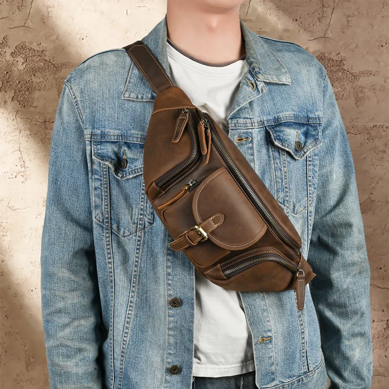 

LD-Crazy Horse Leather Waist Bag, Retro Multifunctional Shoulder Bag, Leather Versatile Casual Chest Bag, 8-inch IPad Bag
