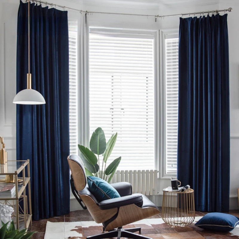 Retro royal blue light luxury French velvet curtains thickened heat insulation noise reduction bedroom living room french window