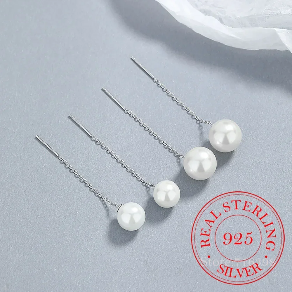 925 Sterling Silver 8mm/10mm Pearl Long Tassel Threads Drop Earrings For Women 2023 Wedding Party Jewelry Gift Female Pendientes