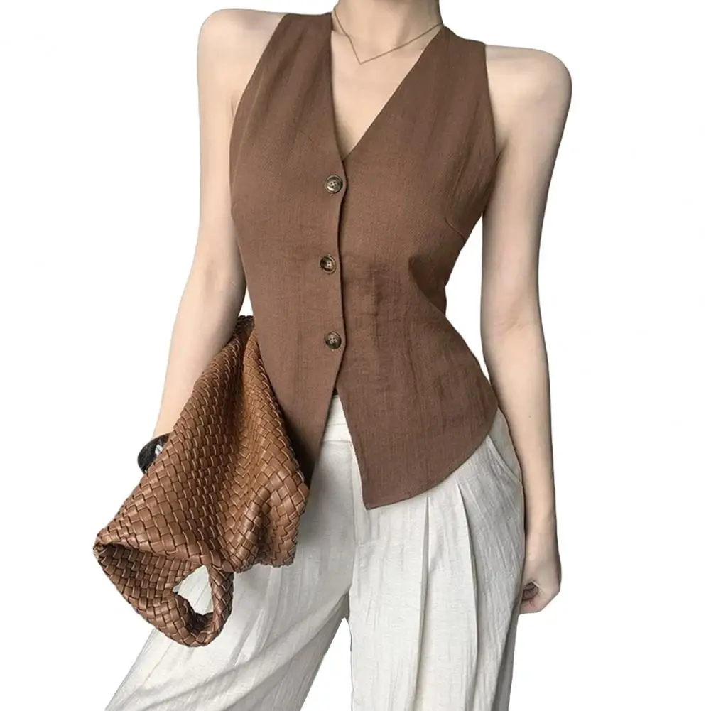 Lightweight Women Vest Women's Halter V-neck Backless Vest Sleeveless Single Breasted Waistcoat Asymmetrical Hem for Ladies