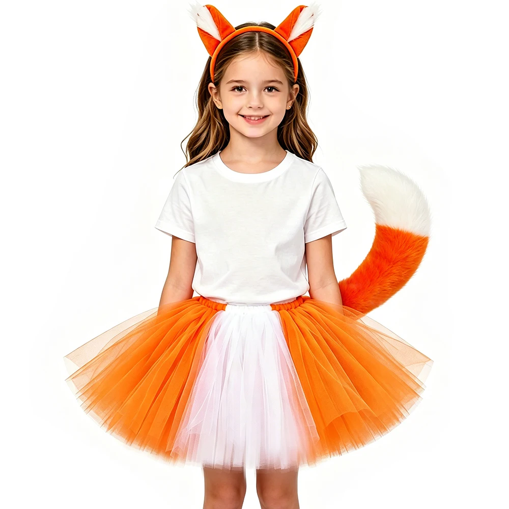 Fox Tutu Skirt Costume for Girls Halloween Carnival Party Tutus Orange White Toddler Kids Layered Tulle Skirt with Ears and Tail