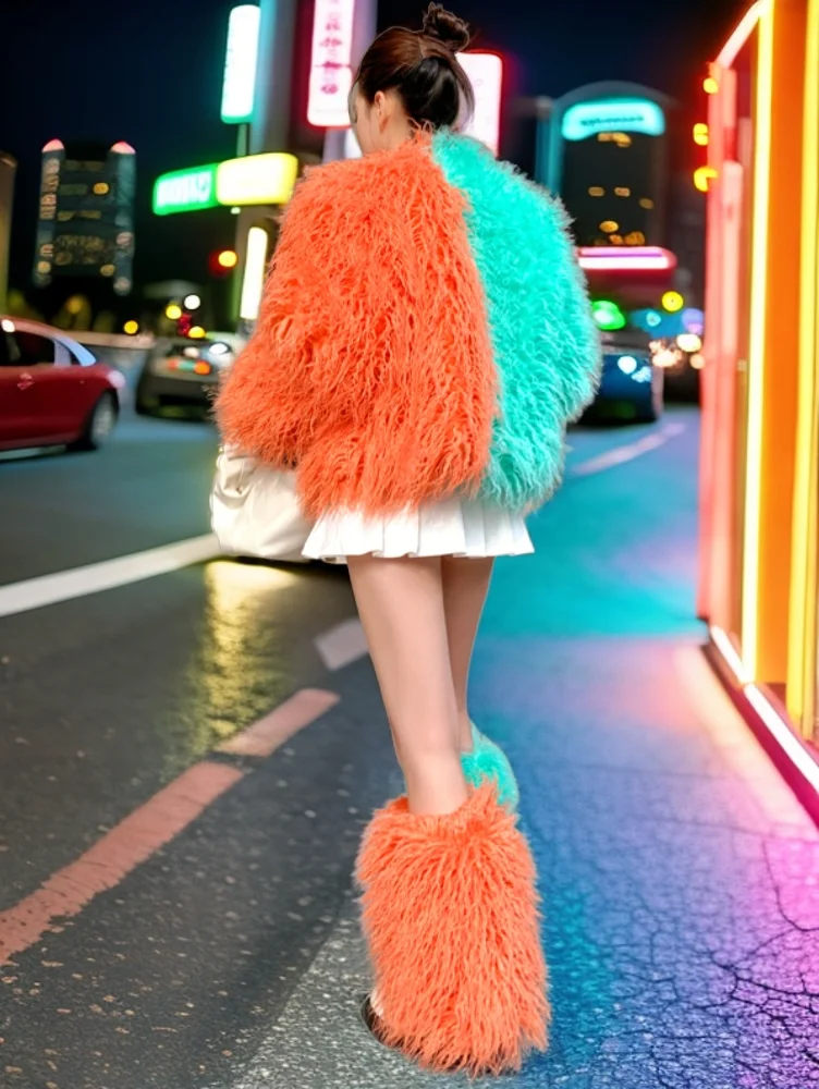 

Lady Personalized Contrast Color Faux Fur Coat Jacket Female Streetwear Women's Winter Coats and Leg Sleeves Performance Costume