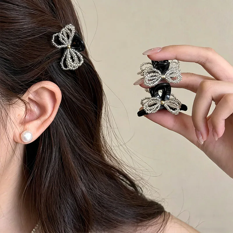 

2pcs/set Elegant Beaded Bow Small Hair Claw For Women Girl Sweet Hair Ornament Mini Claw Clip Hair Clip Hair Accessories Hairpin