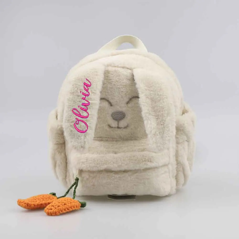 Customizable Beige Plush Rabbit Backpack with Hanging Carrot Ear for Women Children's Embroidered Cute Gift Bag with Name