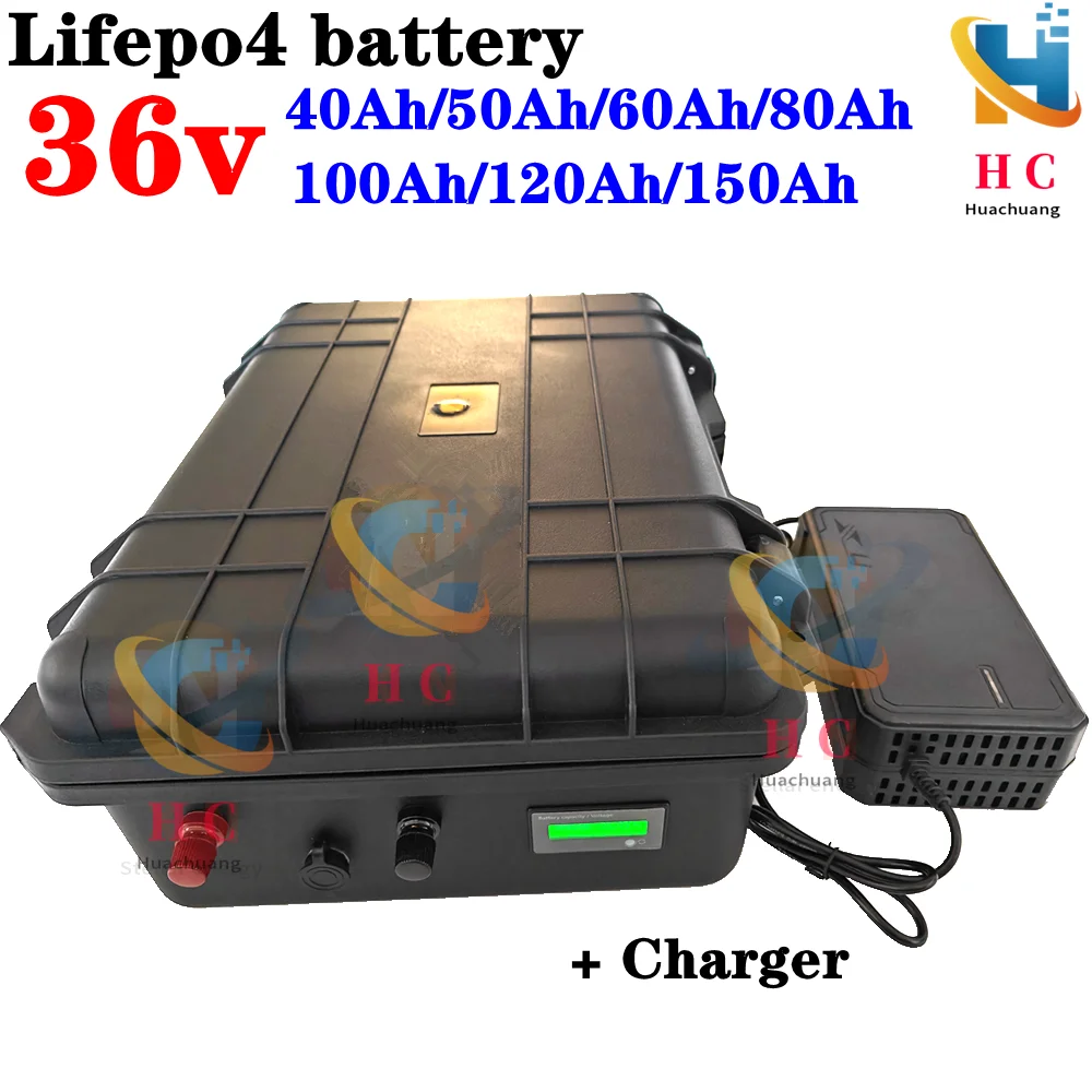 waterproof Lifepo4 36V 40Ah 60Ah 80Ah 100ah 120Ah 150Ah Lithium battery bms for trolling motor Propeller boat+Charger