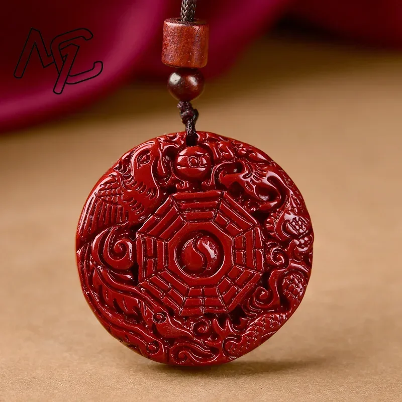 Fashion Cinnabar JadeTaiji Bagua Pendant Beads Necklace Jewellery Chinese Healing Women Man Luck Gift Sweater Chain Amulet