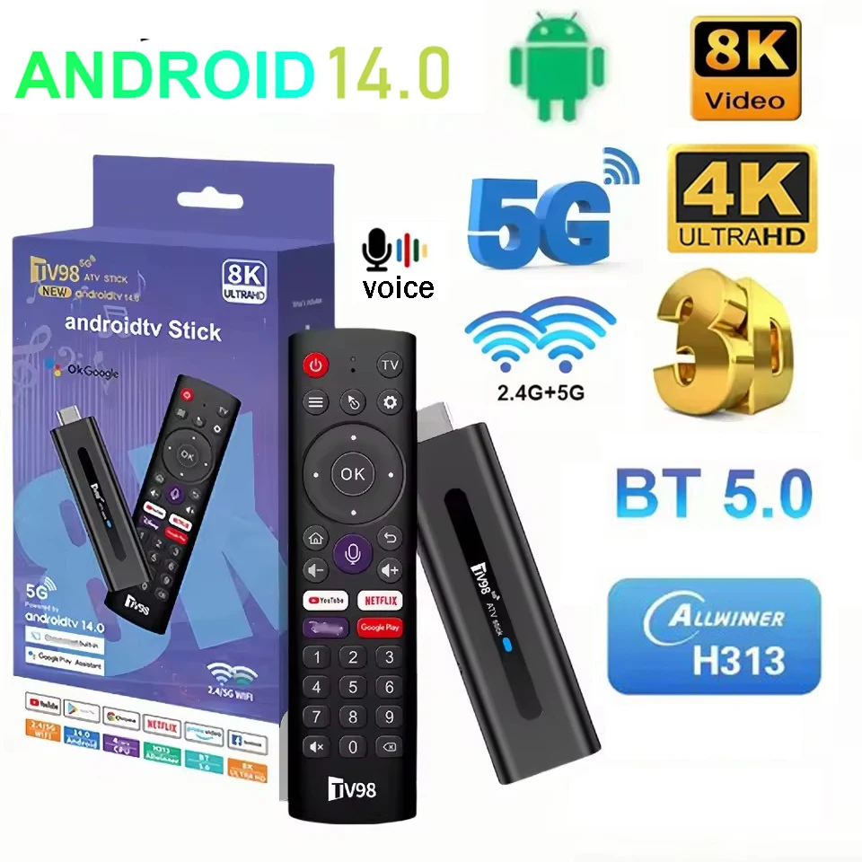 

ТВ-приставка TV98 ATV Smart Android 14.0 2GB 16GB Allwinner H313 HD 8K 4K Player с поддержкой 4G, 5G Wi-Fi, OTA, BT5.0, голосового управления и IPTV.