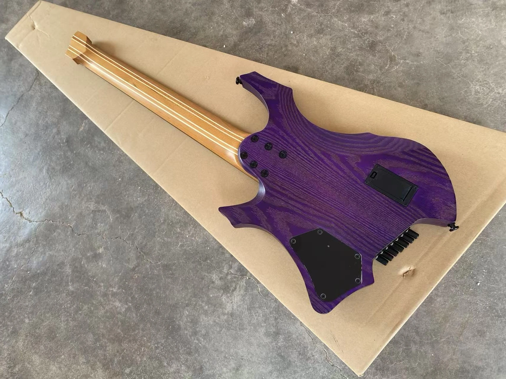 7 String Purple Headless Electric Guitar Ash Body Burl Maple Top Fanned Frets, Active Pickups, 9 Piece Roasted Maple Neck
