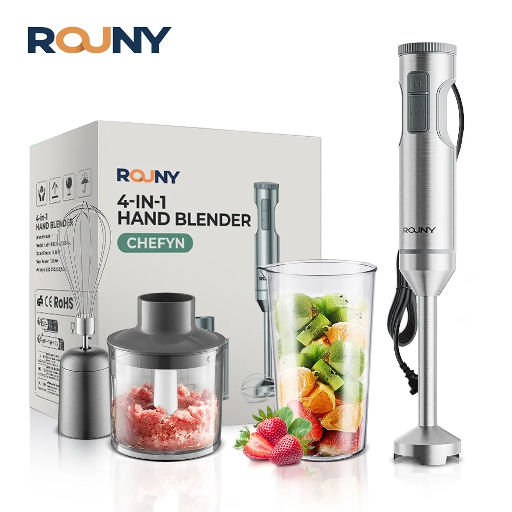 خلاط غاطس يدوي 1000 وات قوي 4 في 1، خلاط طعام من الفولاذ المقاوم للصدأ، كوب خلط 700 مل، معالج 500 مل، خفق