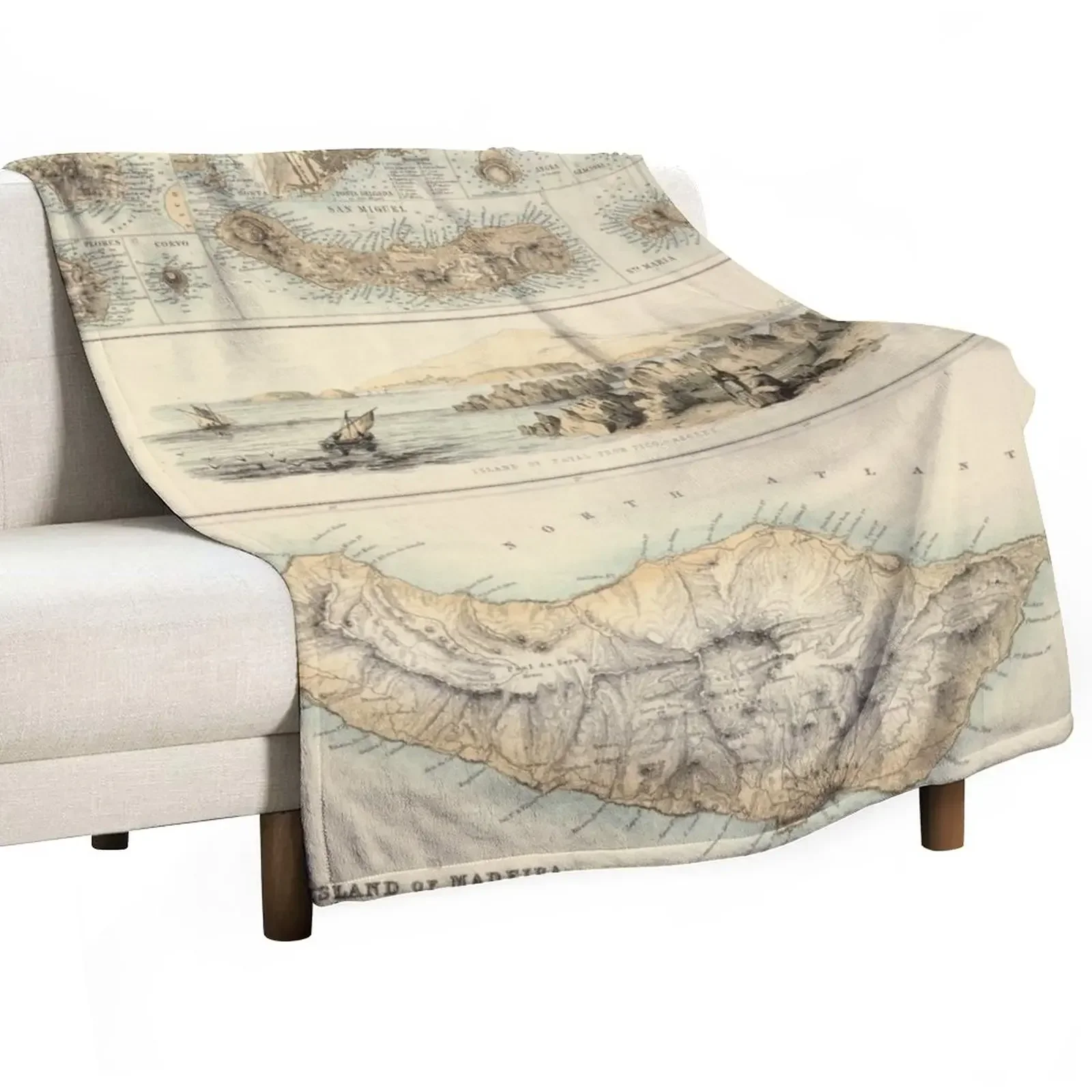 

Old Azores Islands Map (1872) Vintage Portuguese Isles Atlas Throw Blanket Sofa Loose For Decorative Sofa Camping Blankets