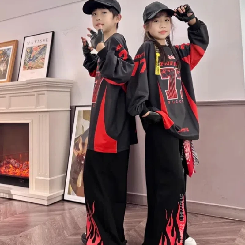 Traje de baile callejero para niños, conjunto 77 de llamas negras y rojas, trajes de espectáculo escénico para niños y niñas de marca de moda hip-hop