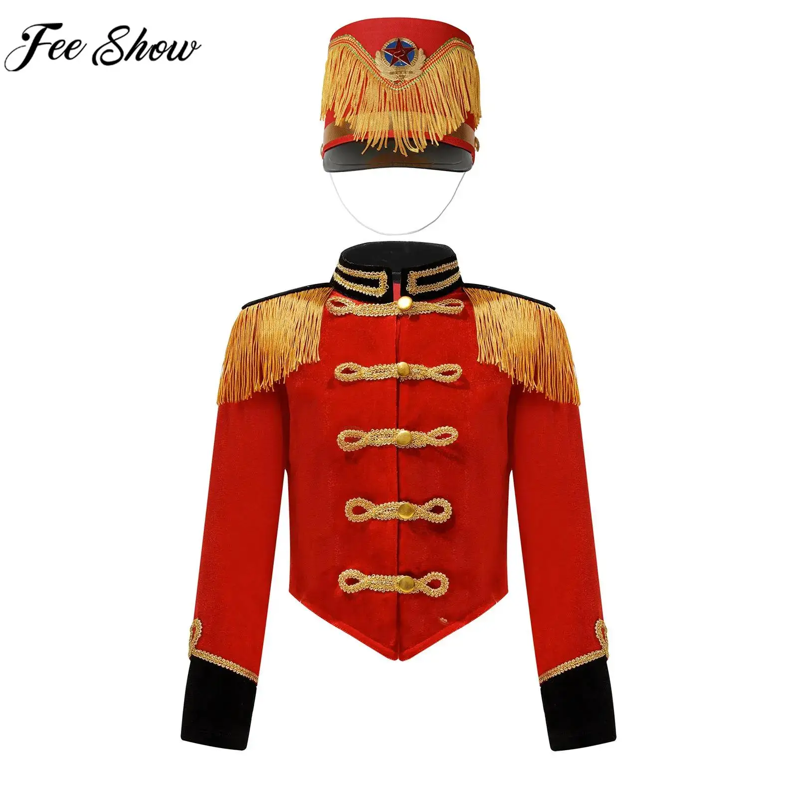 Kids Girls Halloween Drummer Conductor Marching Band Band Honor Guard Costume Long Sleeve Jacket with Hat Raising Flag Clothes