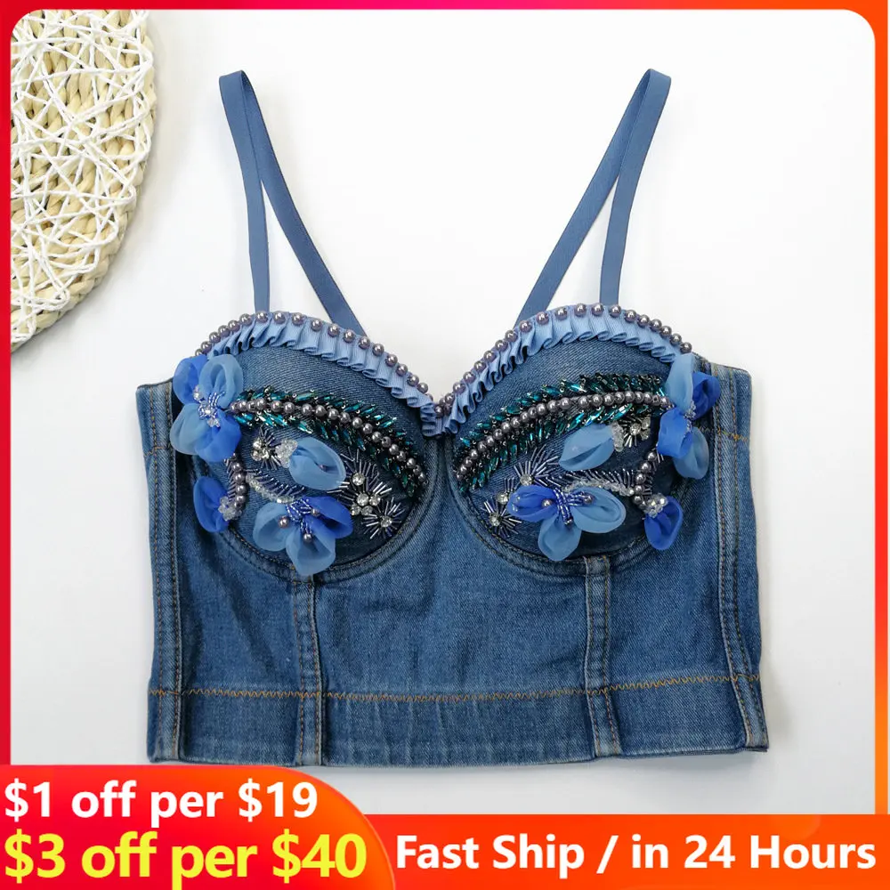 Design Sense Niche Denim Sling Beaded Vest Halloween Disco Top Girl Women Crop Top Fashion 3D Flower Slim Fit Wearing Simple Bra