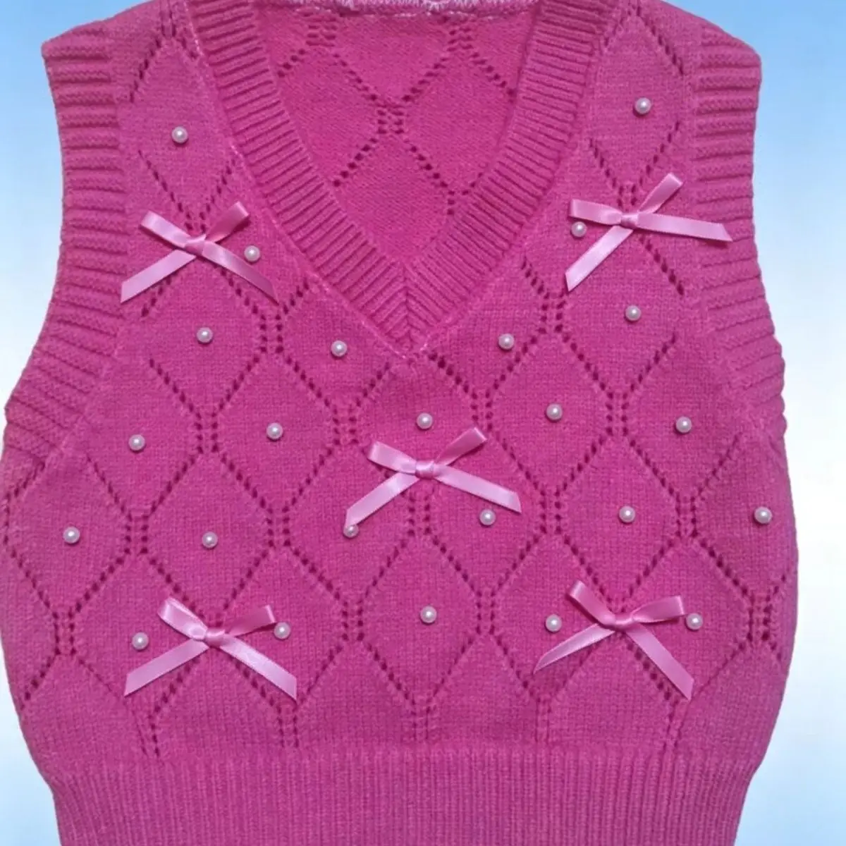 2026 Kids Girls Favourite Vest Knit Sweater Bow Pearl Decor Pink Sweater Spring New Lightweight Comfortable
