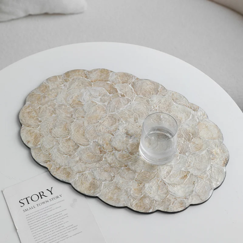 AhunderJiaz Light Luxury Natural Shell Tray Dining Table Insulating Mat Desktop Organizer Flower Trimmed Decorative Placemats