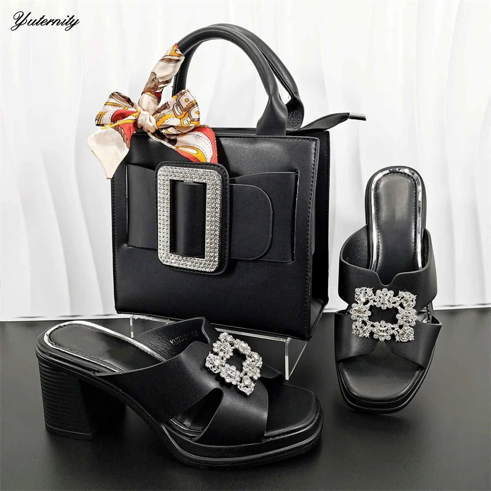 

New Summer PU With Metal Black Color Shoes And Purse Set African Elegant Woman Square Heels Pumps Parties Shoes And Bag Set