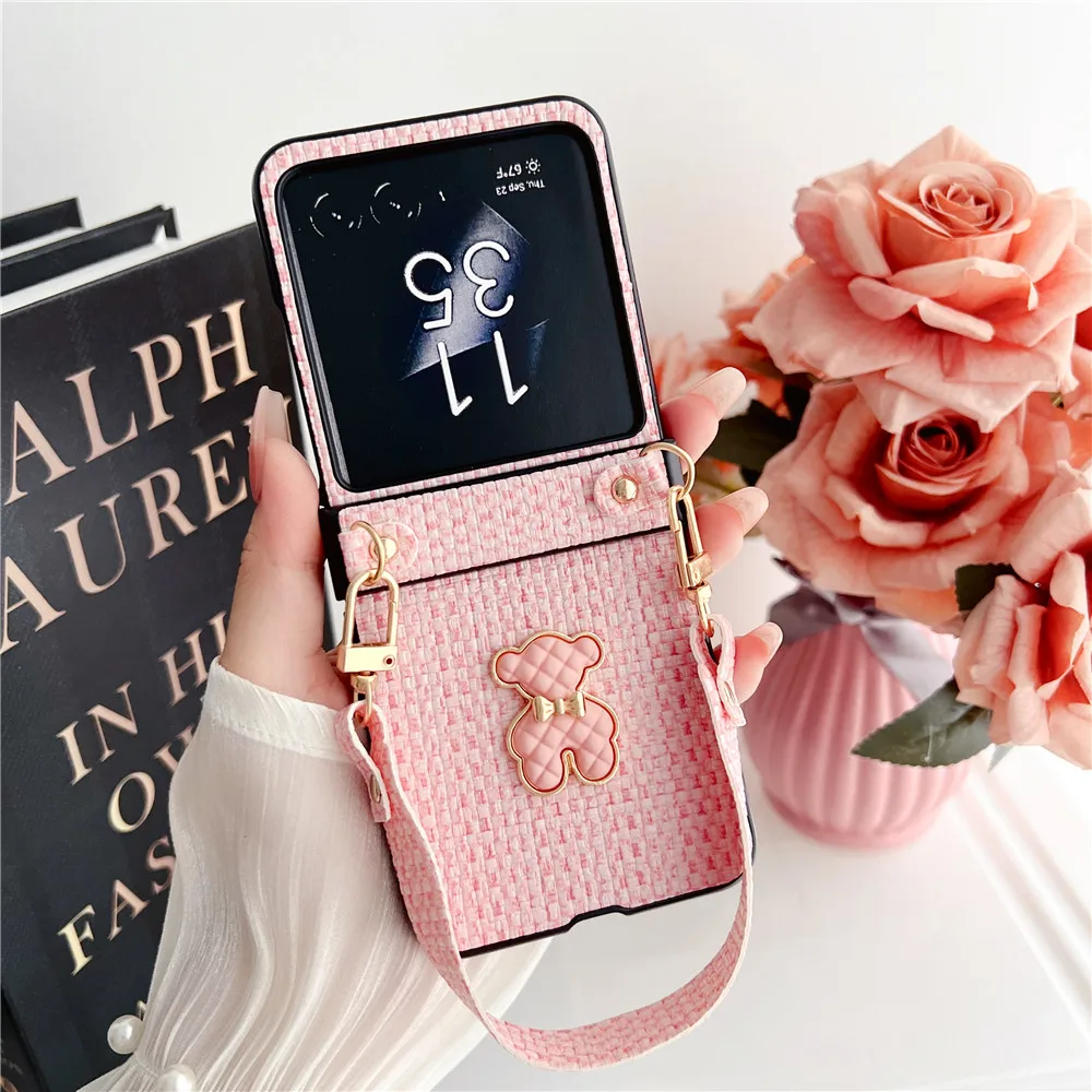 Милый мультяшный кожаный чехол с короткой цепочкой и петлями для Motorola Razr 40, Ультра чехол для Samsung Galaxy Z Flip 5, чехол Z Flip4, чехол Flip3