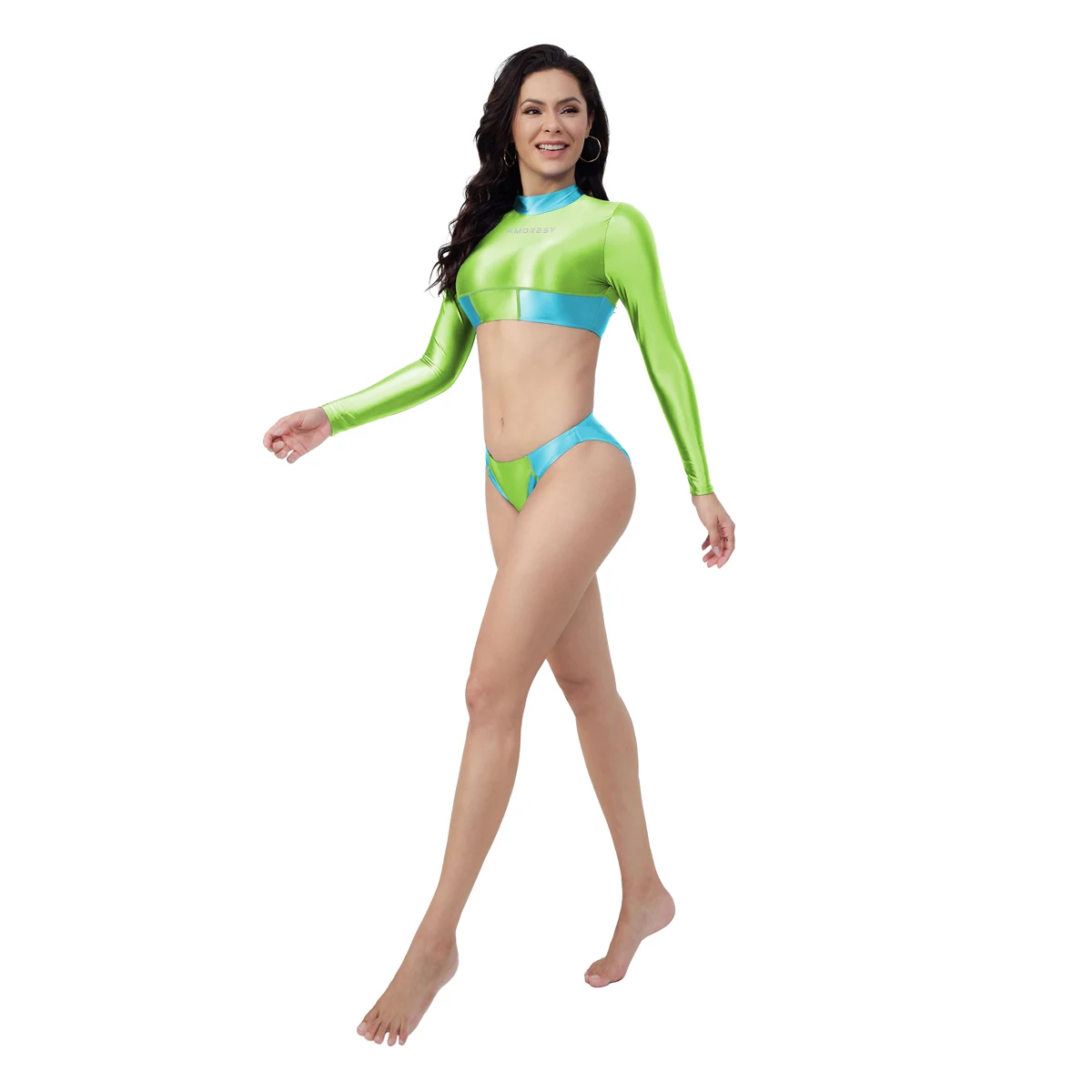 AMORESY Sienna Series Glossy Satin Longsleeve Patchwork Split Sporty Swimwear Conservative Bikini Cosplay Seaside Party Clubwear