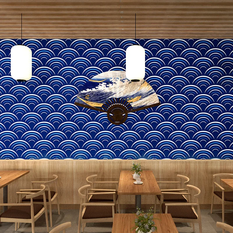 Japanese Style Wave Wallpaper for Sushi Ramen Restaurant Decor with Ukiyoe Design