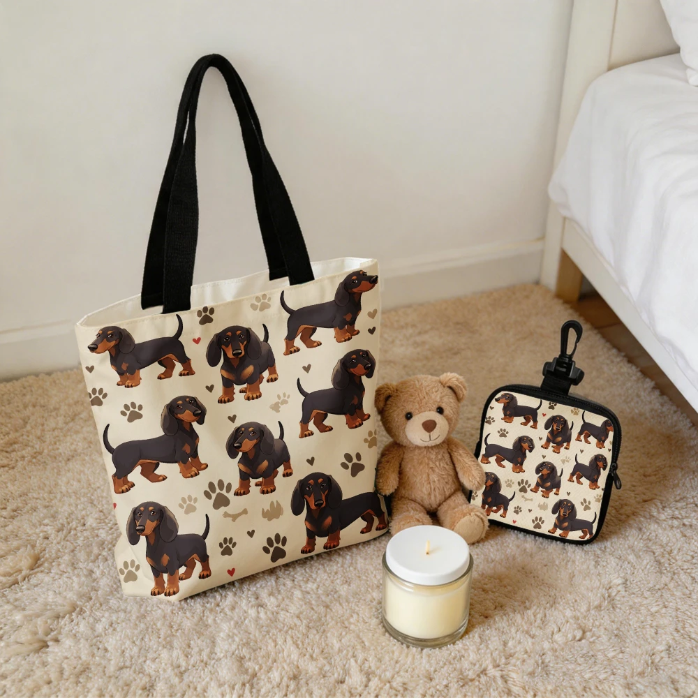 Dachshund Dog Paw Print Heart Pattern Tote Bag with Portable Coin Wallet - Shoulder Bag for Grocery Shopping, Doxie Owner Gift