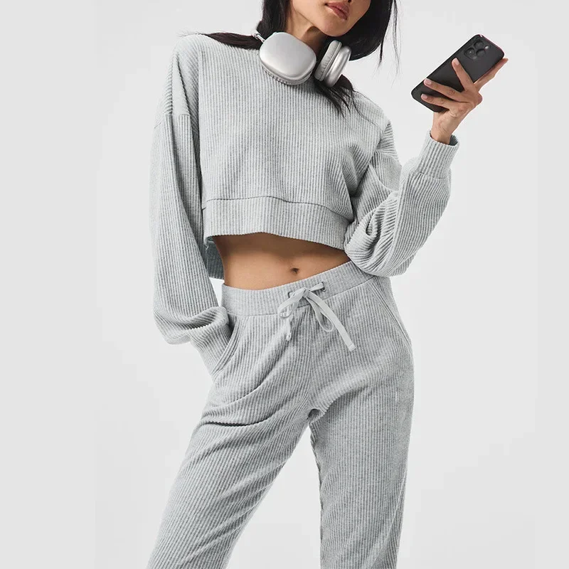 Invierno nuevo Casual suelto ajustado suéter de manga larga 2 piezas conjunto chaqueta de punto de las mujeres con capucha Fitness deportes suéter pantalones con cordón