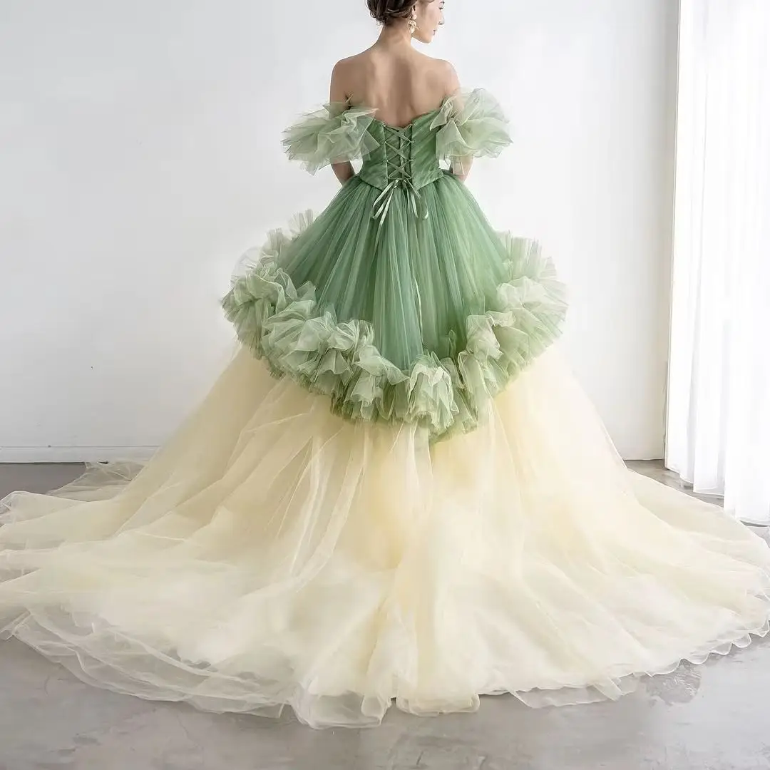 

MD A-line Fairy Green And Yellow Wedding Dresses Off Shoulder Bride Gowns Korea Tiered Photoshoot Customized 2025 Evening Dress