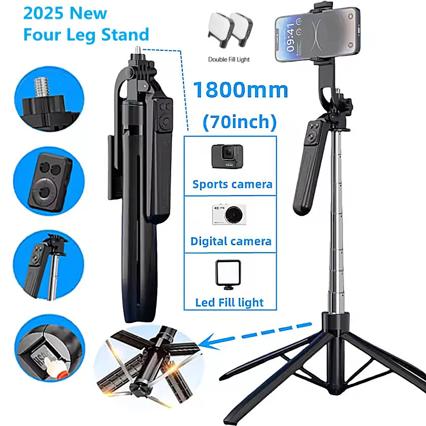 Wireless Selfie Stick with Bluetooth and lights Remote Portables Foldable Stand four tripod for Vlog Shooting Record Smartphone