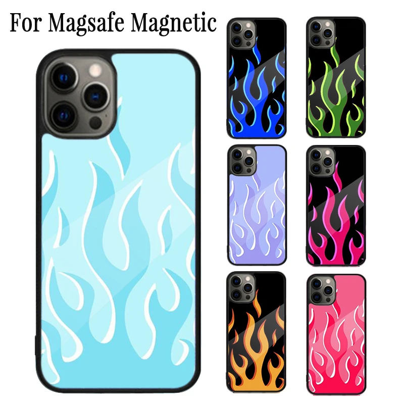 Flame Painted Fire Pattern Magnetic Phone Case Coque For iPhone 16 15 14 Plus 13 12 Mini 11 Pro Max Magsafe Wireless Cover