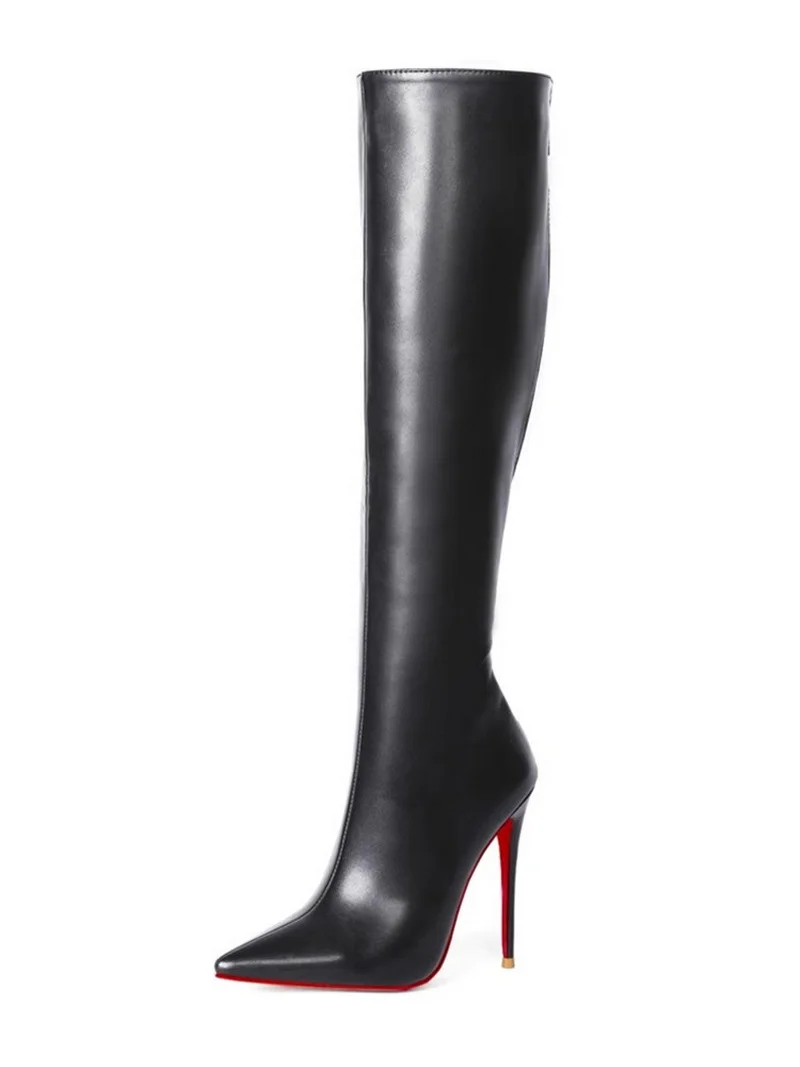 FHC Women Knee Boots,Thin High Heels Sexy Booties,Cowhide Leather Winter Shoes,Long Botas,Pointed Toe,Black,Red,Apricot,Dropship