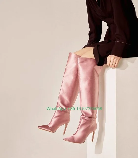 Lady pink elegant stain knee boots sexy pointed toe design pink boots office lady daily dress party boots high heels footwear