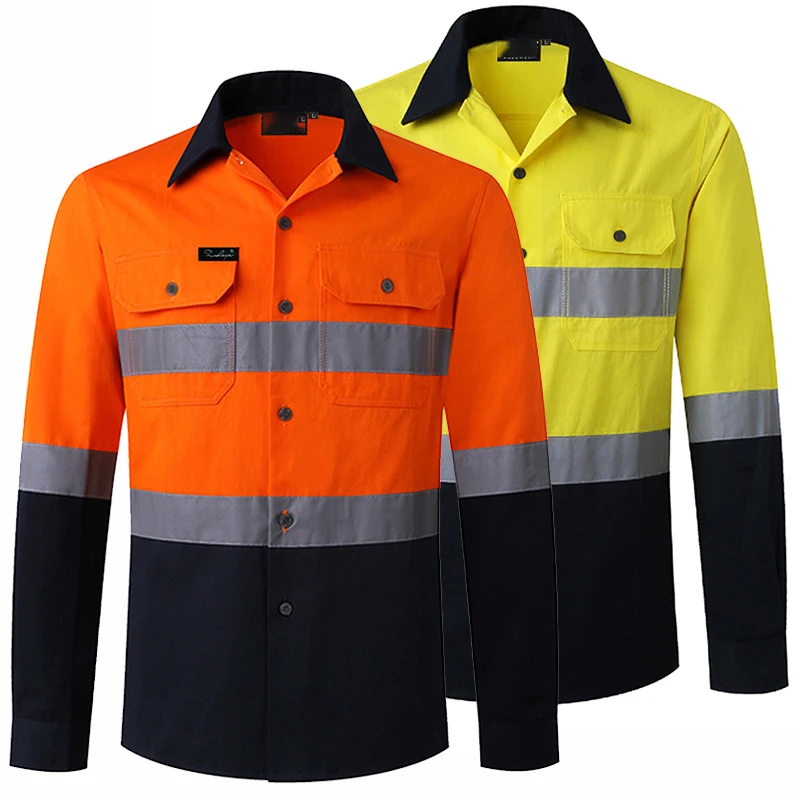 Hi Vis camisa de trabajo de algodón de manga larga para hombre, camisa reflectante de seguridad con bolsillos, ropa de trabajo de alta visibilidad