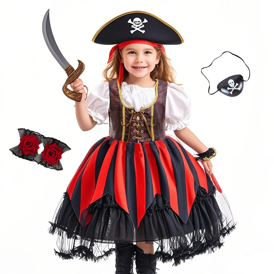Halloween Pirate Costumes With Turban Little Girl Princess Pirate Captain Performance Clothes Girls Holiday Dress Carnival Frock