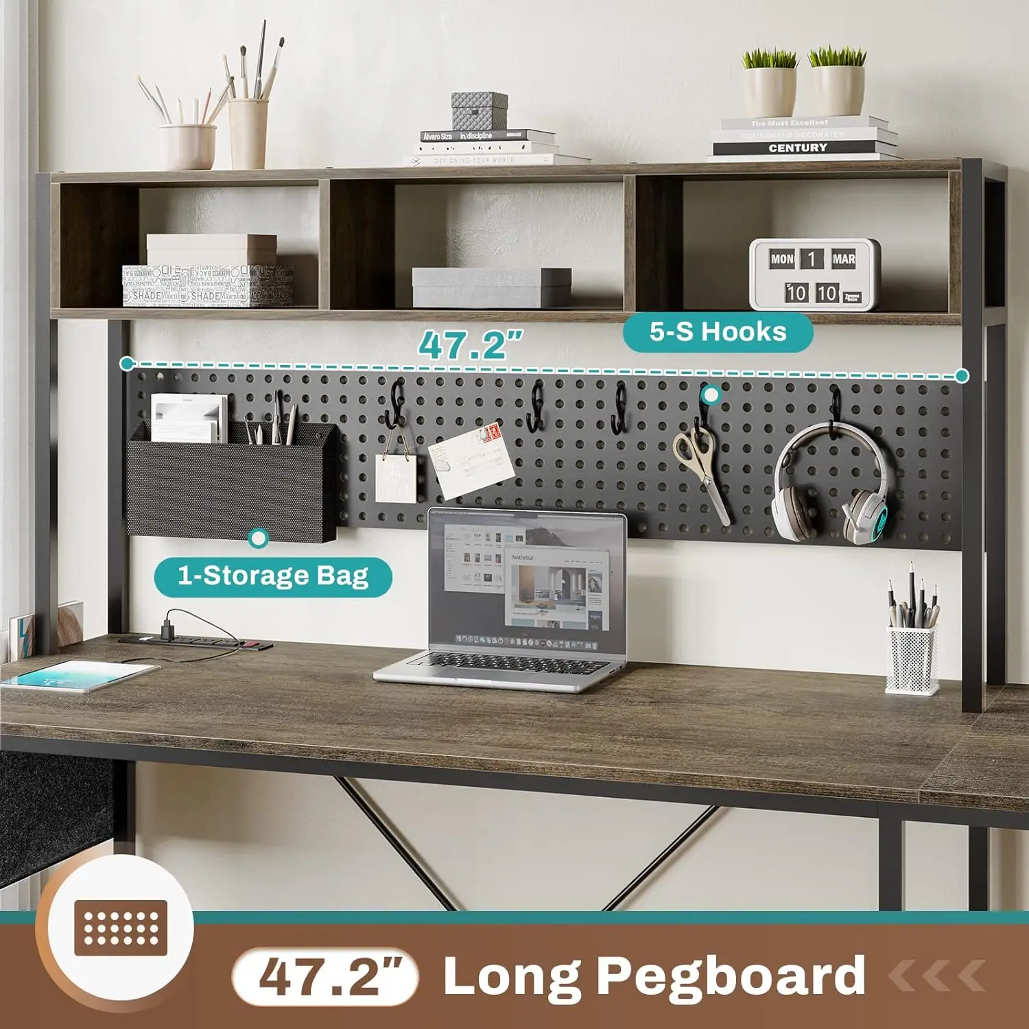 L Shaped Desk, 94.5 Inch Office Desk with Power Outlet & Pegboard, L Shaped Desk with Led Light, Keyboard Tray, Storage Shelves