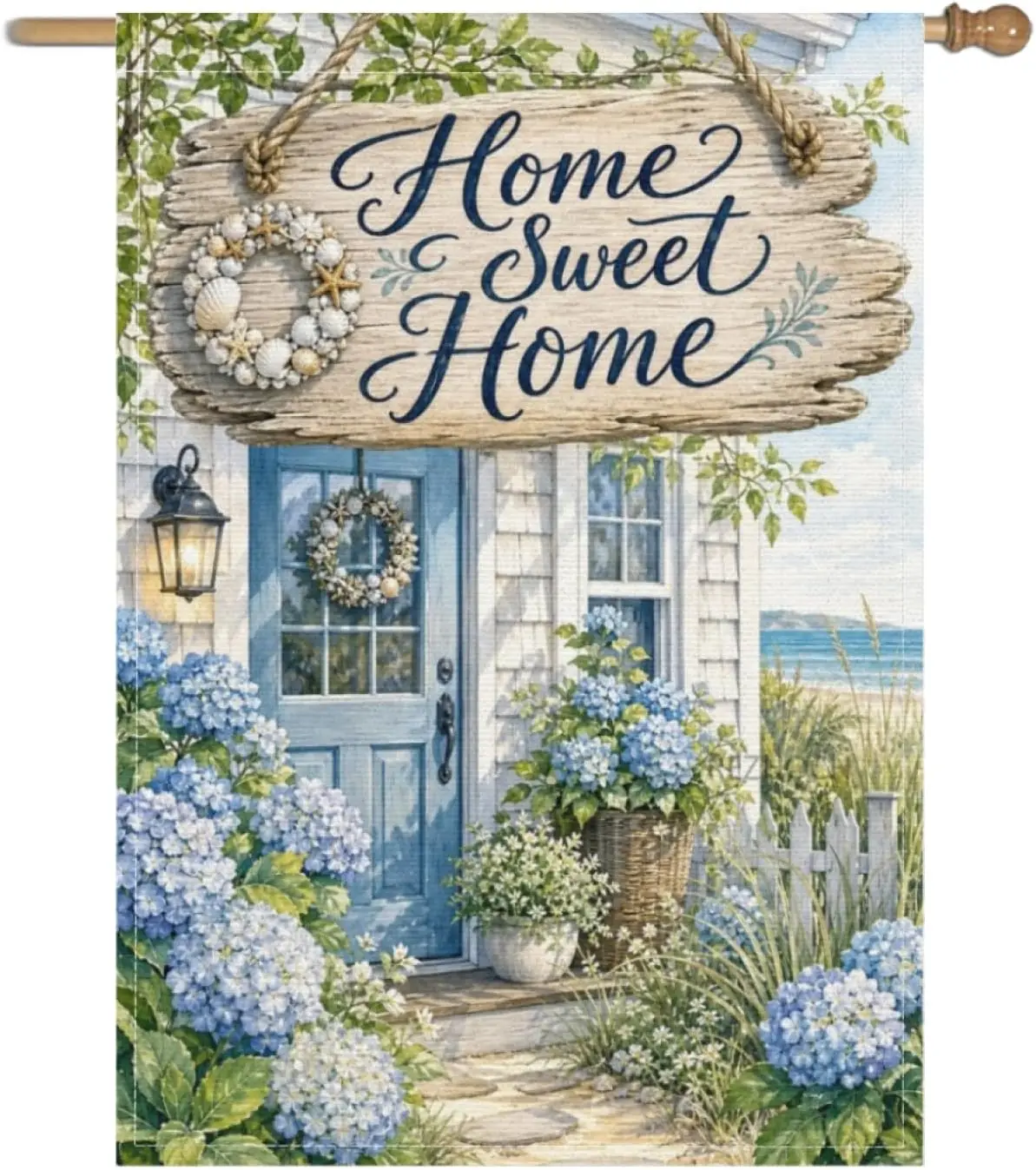 Coastal Beach Garden Flag 28x40 Inch Home Sweet Home Seashell Wreath Blue Hydrangea Ocean Cottage Nautical Front Door Patio  yyi