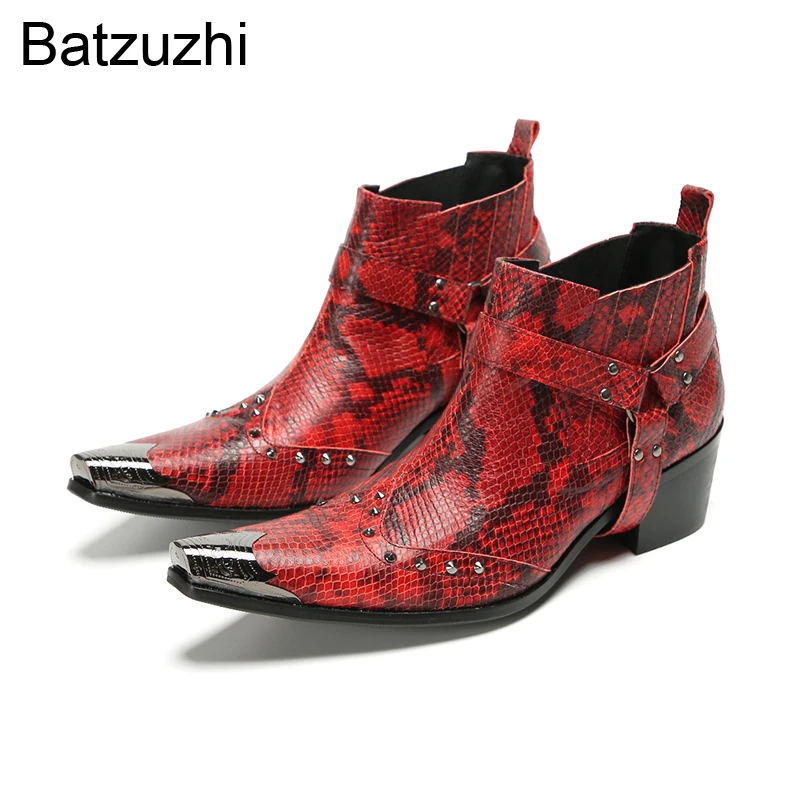 

Batzuzhi Luxury Men Shoes High Quality Red Leather Ankle Boots Man with Iron Toe 6.5cm Heels Height Fashion Party/Wedding Boots