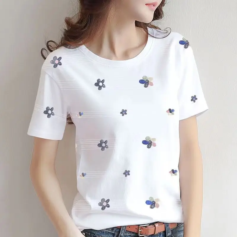 2023 Summer Short Sleeve Solid Letter Printing Women\'s T-shirt Large New Versatile Loose Tees Elegant Casual Fashion Tops