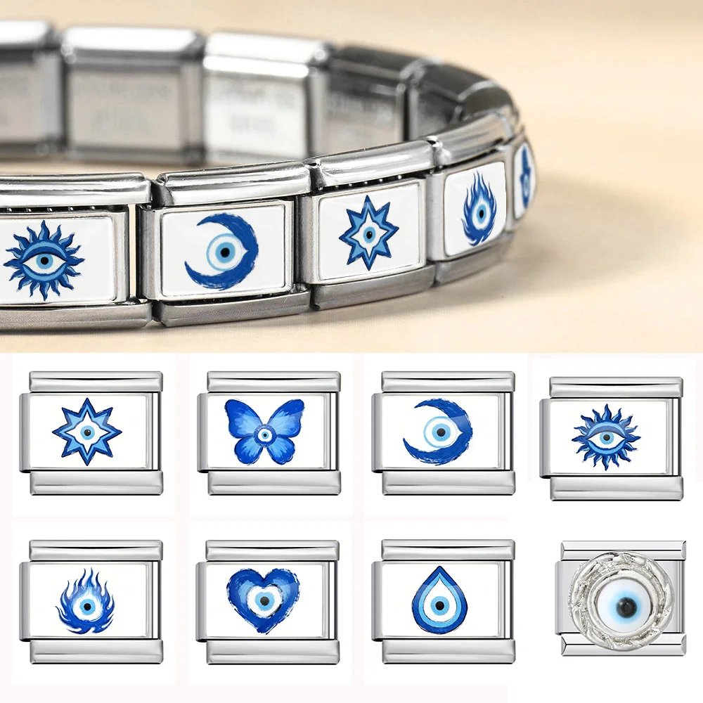 Evil Eye Waterdrop Butterfly Flame Pattern Italian Charm Stainless Steel Bracelets for Women Girl DIY Bead Jewelry Birthday Gift