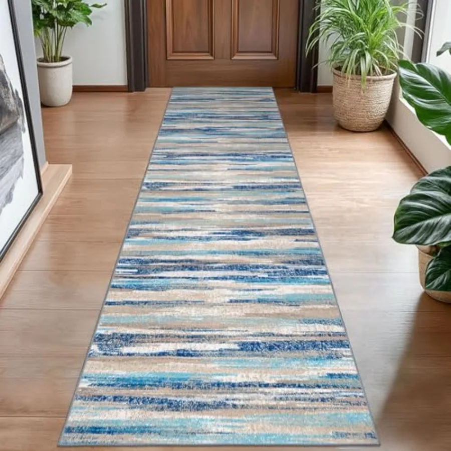 

Modern Abstract Hallway Runner Rug Blue Washable Kitchen Runner Non-Slip Soft 2x8 Runner Rug Thin Print Faux Wool Carpet for En