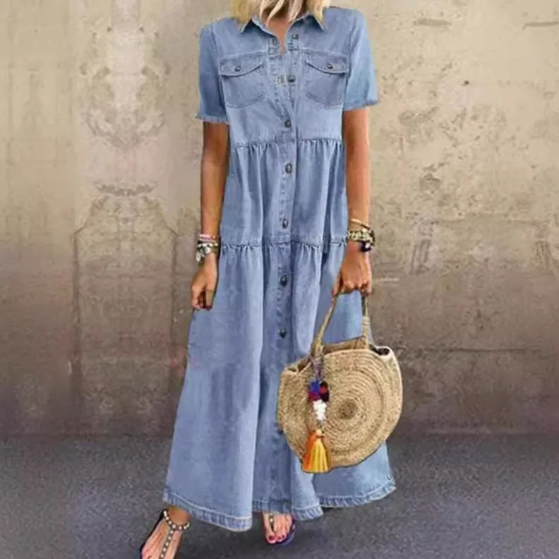 Tessuto di cotone a vita larga vintage da cowboy lungo da donna Dr multi-bottone in denim stagione primaverile
