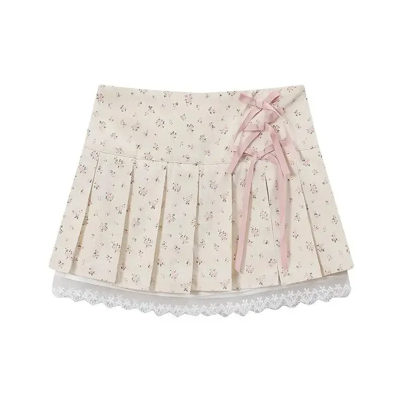 일본 스위트 Y2K 미니스커트 여성 프레피 슬림 웨이스트 타이업 보우 레이스 러플 플리츠 스커트 여성용 팔다스 모다 2024