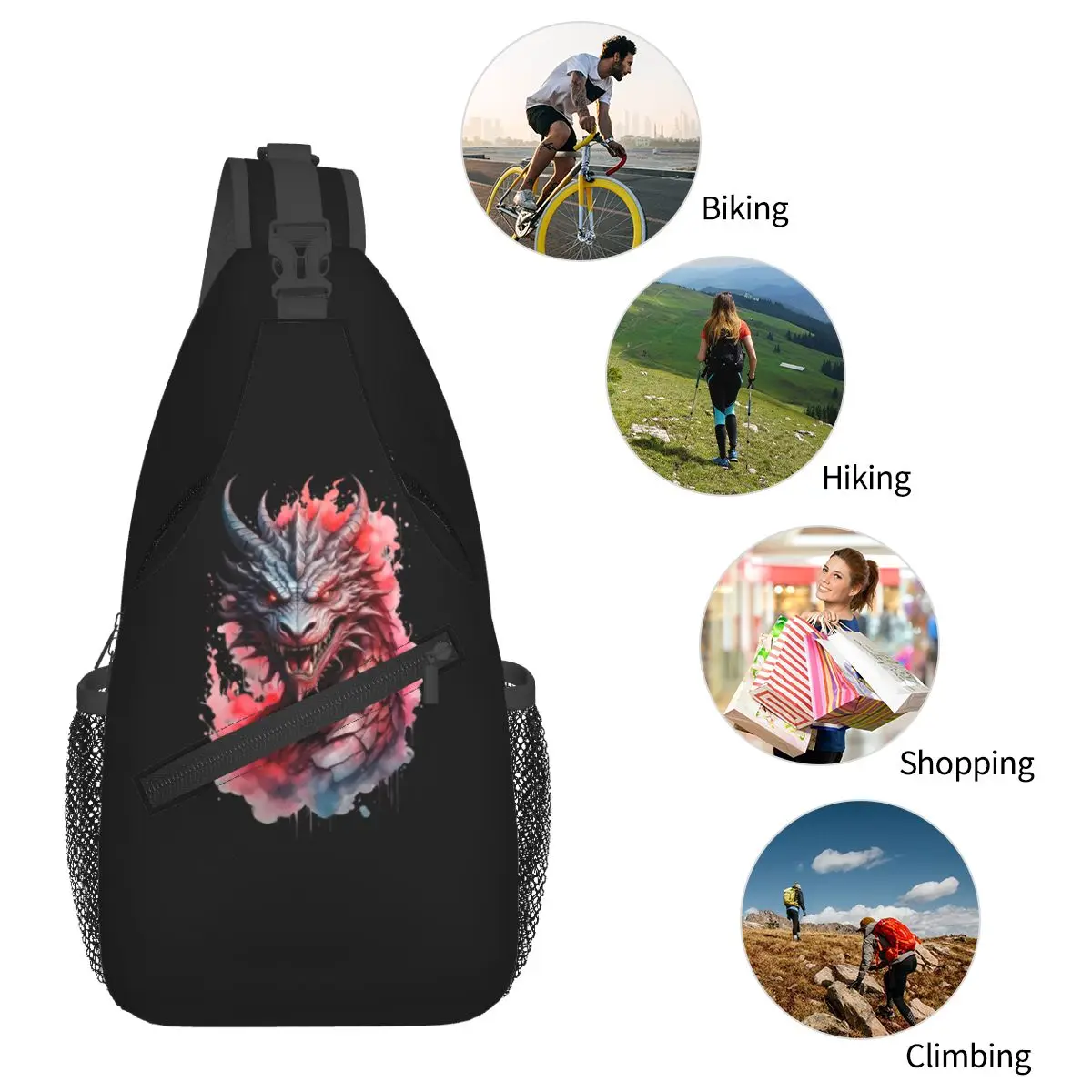 Rth Wing الصينية الأحمر التنين رئيس حقيبة صدر للرجال الرجال الرافعة Crossbody على ظهره حقيبة صدر للرجال السفر المشي لمسافات طويلة Daypack حقيبة كتف