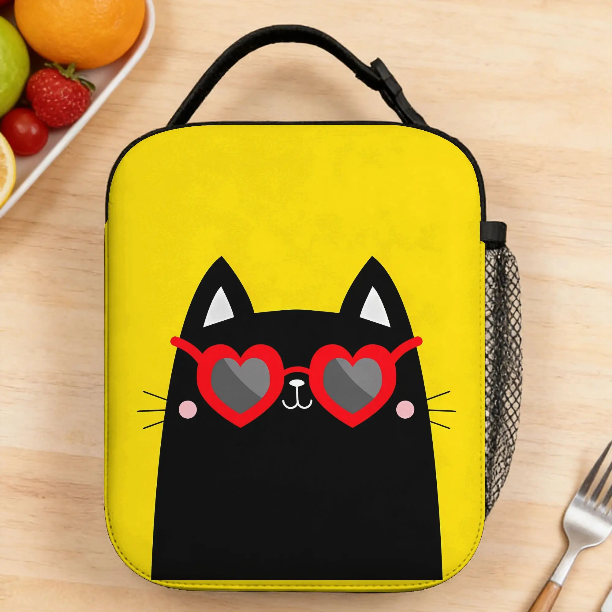 

Cat wearing red heart shape sunglasses eyeglasses Lunch Box For Child Vintage Tote Food Bags Portable Insulated Cooler Bag